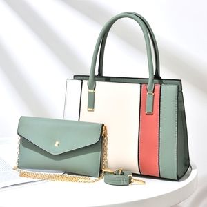 Tri-color Tote w/Evening Bag - Pale Green & Pink